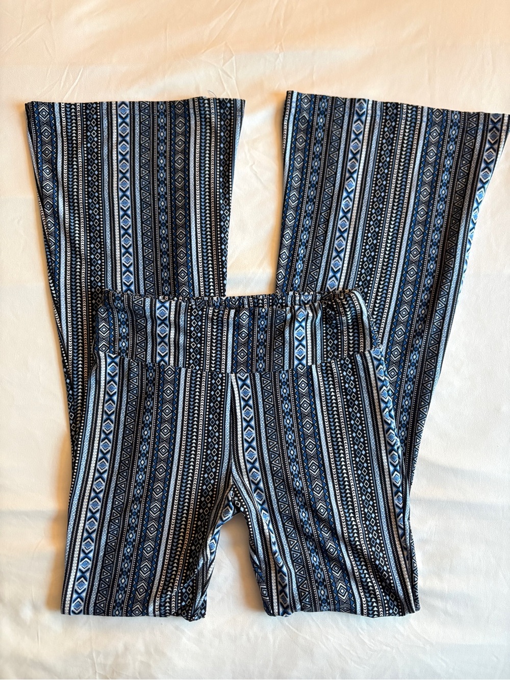 No Boundaries Blue Tribal Print Flare Pants Boho Indie Stretch Casual Festival